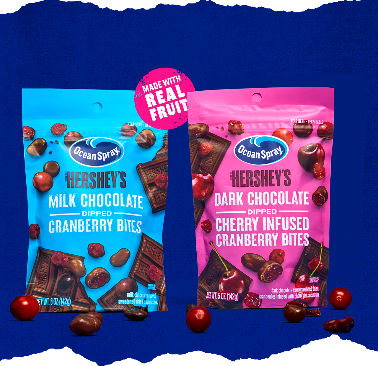 Enrobed Snacks - Ocean Spray Cranberry Bites dipped in HERSHEY'S milk chocolate AND Ocean Spray Cherry Infused Cranberry Bites dipped in HERSHEY'S Dark Chocolate